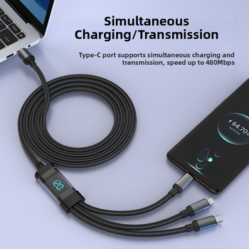 Smart digitálny displej, kábel na nabíjanie 1–3, 3v1 s konektormi Lightning, Micro USB a USB-C; kompatibilný s Huawei, Apple, Vivo, Honor zariadeniami; 120W rýchle nabíjanie.