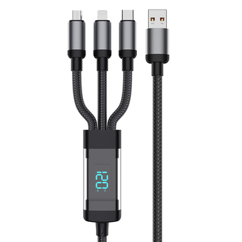 Pametni kabel za punjenje s digitalnim prikazom, 1 na 3, 3-u-1 s konektorima Lightning, Micro USB i USB-C; kompatibilan s Huawei, Apple, Vivo i Honor uređajima; 120W brzo punjenje.