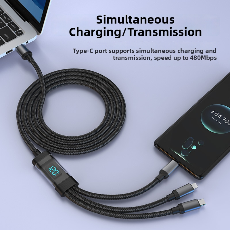 Smart digitálny displej, kábel na nabíjanie 1–3, 3v1 s konektormi Lightning, Micro USB a USB-C; kompatibilný s Huawei, Apple, Vivo, Honor zariadeniami; 120W rýchle nabíjanie.