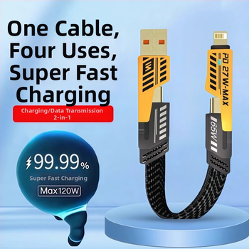 Power Bank s dlhým káblom, 4-v-1 PD pancéřový kábel, 65 W max, USB-C a Lightning, zinková zliatina