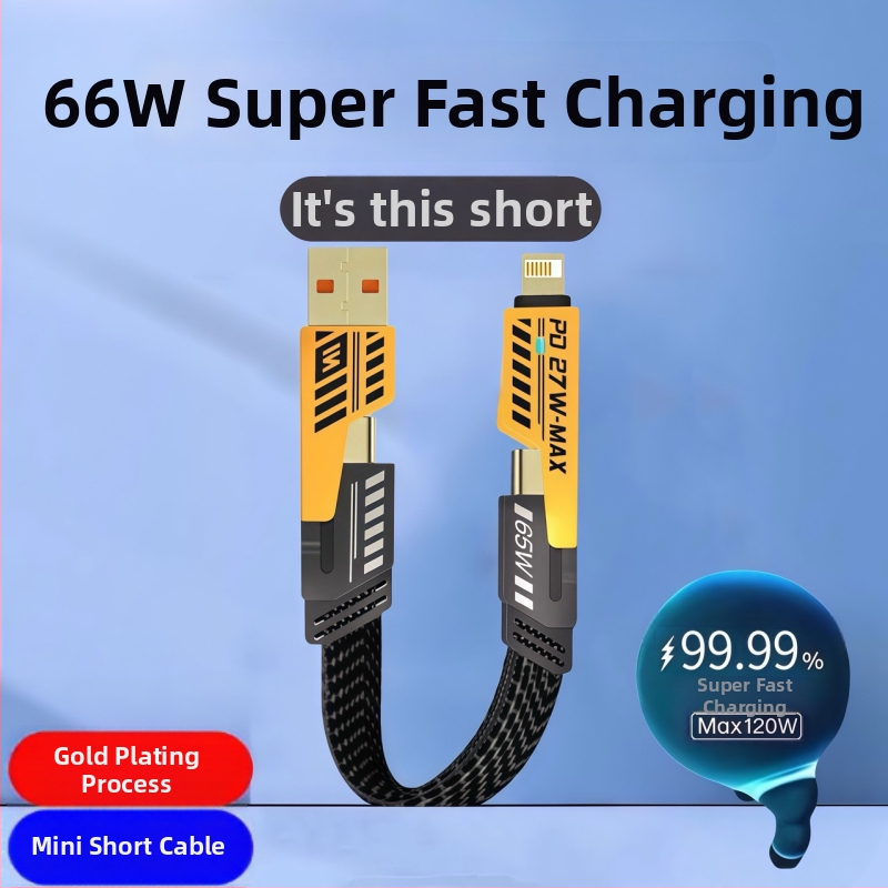 Power Bank s dlhým káblom, 4-v-1 PD pancéřový kábel, 65 W max, USB-C a Lightning, zinková zliatina