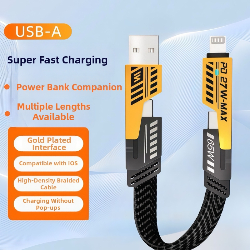 Power Bank s dlhým káblom, 4-v-1 PD pancéřový kábel, 65 W max, USB-C a Lightning, zinková zliatina