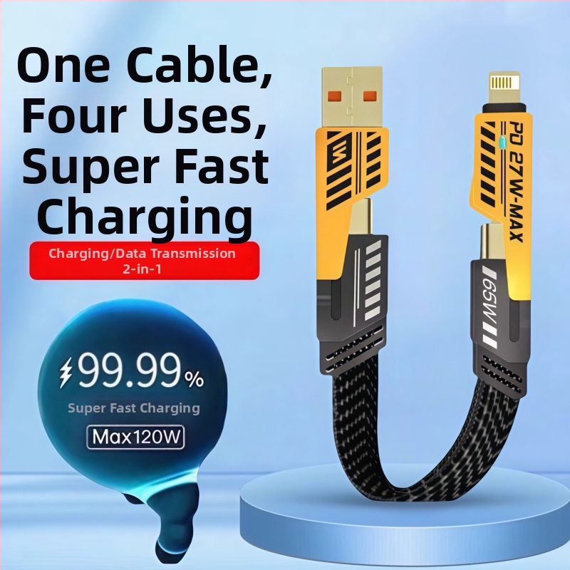 Power Bank s dlhým káblom, 4-v-1 PD pancéřový kábel, 65 W max, USB-C a Lightning, zinková zliatina