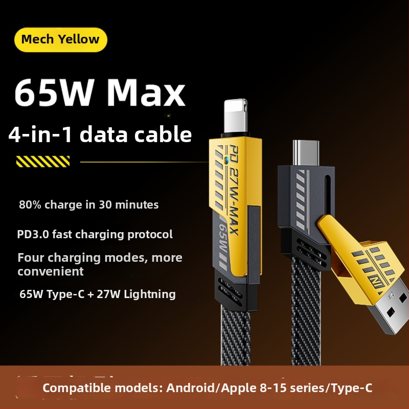 Power Bank s dlhým káblom, 4-v-1 PD pancéřový kábel, 65 W max, USB-C a Lightning, zinková zliatina