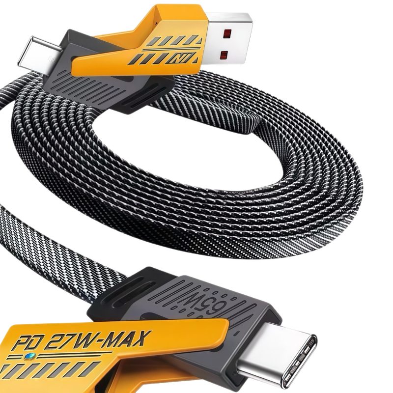 Power Bank s dlhým káblom, 4-v-1 PD pancéřový kábel, 65 W max, USB-C a Lightning, zinková zliatina