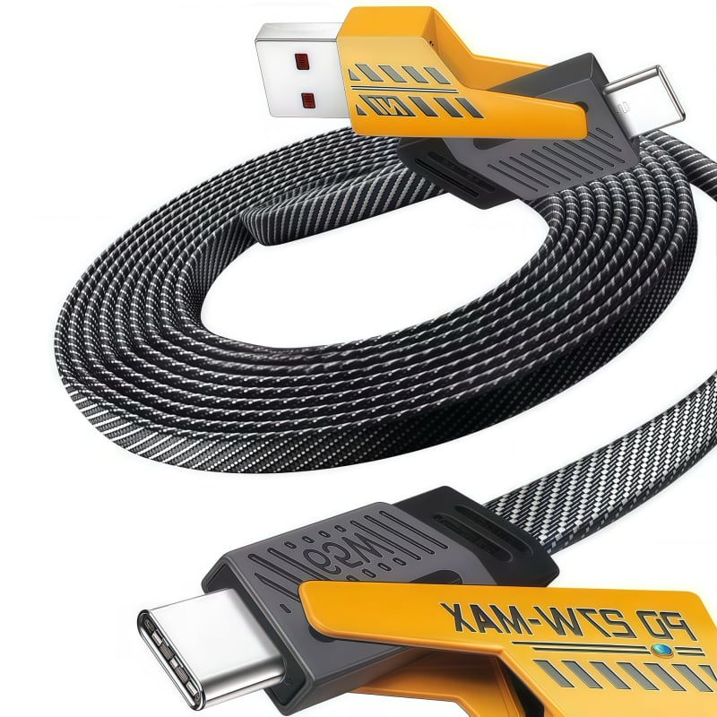 Power Bank s dlhým káblom, 4-v-1 PD pancéřový kábel, 65 W max, USB-C a Lightning, zinková zliatina