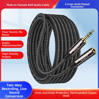 YHT AC08 3,5 mm Audio predlžovací kábel, muž–žena, pozlátené konektory, tinované meďové jadro s opletením, plášť z TPE s vláknovou štruktúrou, ROHS