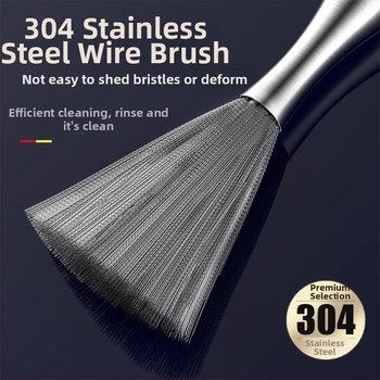 Puodų šepetėlis su ilga rankena, iš 304 nerūdijančio plieno, su plieno kamuoline šveitimui virtuvėje