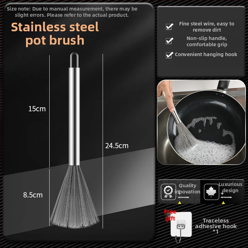 Puodų šepetėlis su ilga rankena, iš 304 nerūdijančio plieno, su plieno kamuoline šveitimui virtuvėje