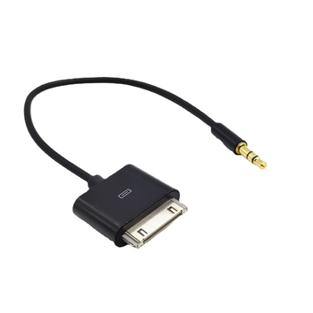 Kábel AUX do auta zo 30-pin na 3,5 mm stereo pre iPod/iPhone/iPad – 20 cm, meďový vodič, niklovaný povrch