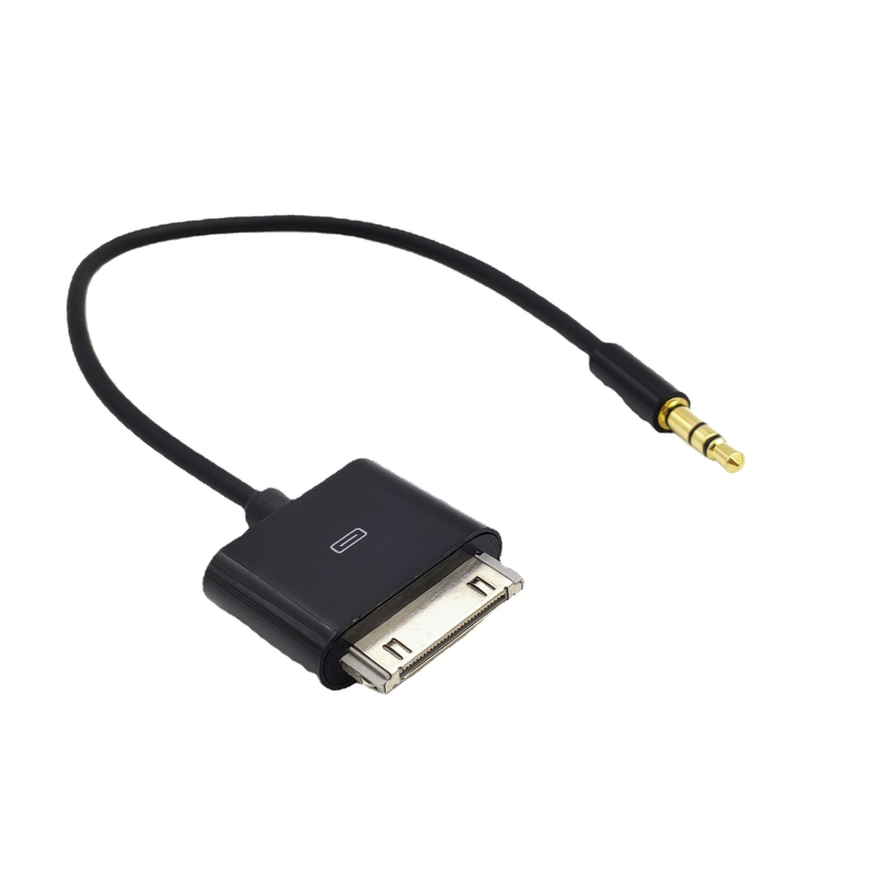 Kábel AUX do auta zo 30-pin na 3,5 mm stereo pre iPod/iPhone/iPad – 20 cm, meďový vodič, niklovaný povrch