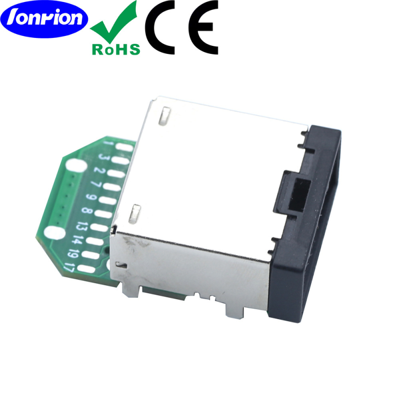 HDMI E-TYPE automašīnas savienotājs, 19 pinu, 90 grādu leņķis, ar PCB plāksni, zeltīti kontakti