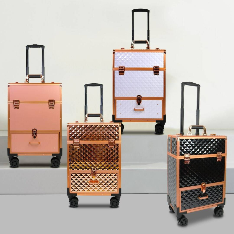 Cutie de machiaj rulabilă, multifuncțională, pentru unelte de tatuaj și manichiură, corp metalic, sertare în mai multe niveluri cu divizoare, mâner de tras, încuietoare, strat extensibil