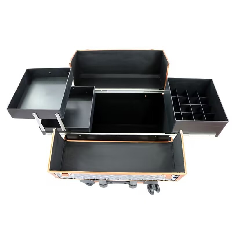 Cutie de machiaj rulabilă, multifuncțională, pentru unelte de tatuaj și manichiură, corp metalic, sertare în mai multe niveluri cu divizoare, mâner de tras, încuietoare, strat extensibil