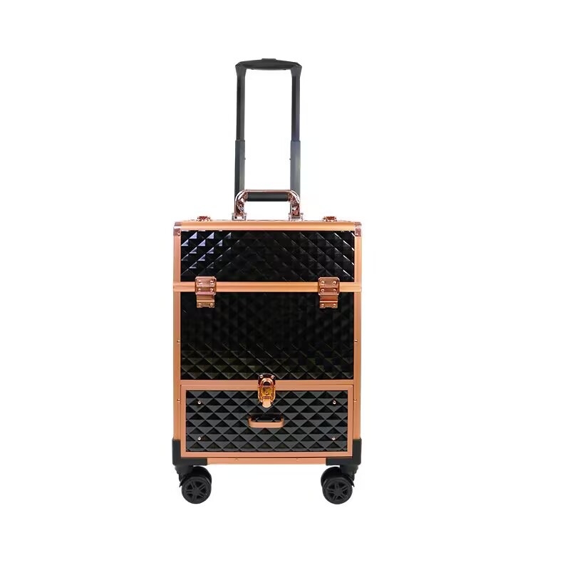 Cutie de machiaj rulabilă, multifuncțională, pentru unelte de tatuaj și manichiură, corp metalic, sertare în mai multe niveluri cu divizoare, mâner de tras, încuietoare, strat extensibil