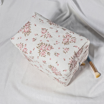 Prešivana kozmetička torbica s čipkom i mašnicom – cvjetni uzorak, pamuk i lan, poliester podstava, prenosni organizator za ruž za usne i kozmetiku, LUOPAI