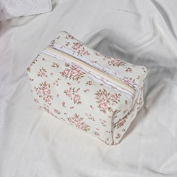 Prešivana kozmetička torbica s čipkom i mašnicom – cvjetni uzorak, pamuk i lan, poliester podstava, prenosni organizator za ruž za usne i kozmetiku, LUOPAI