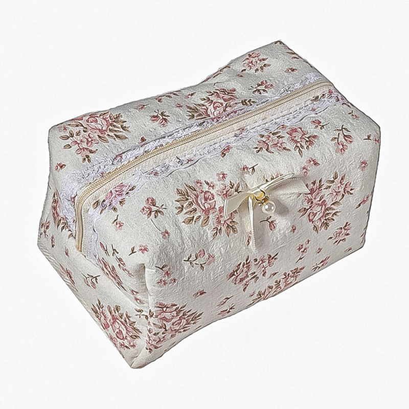 Prešivana kozmetička torbica s čipkom i mašnicom – cvjetni uzorak, pamuk i lan, poliester podstava, prenosni organizator za ruž za usne i kozmetiku, LUOPAI
