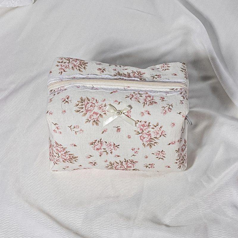 Prešivana kozmetička torbica s čipkom i mašnicom – cvjetni uzorak, pamuk i lan, poliester podstava, prenosni organizator za ruž za usne i kozmetiku, LUOPAI