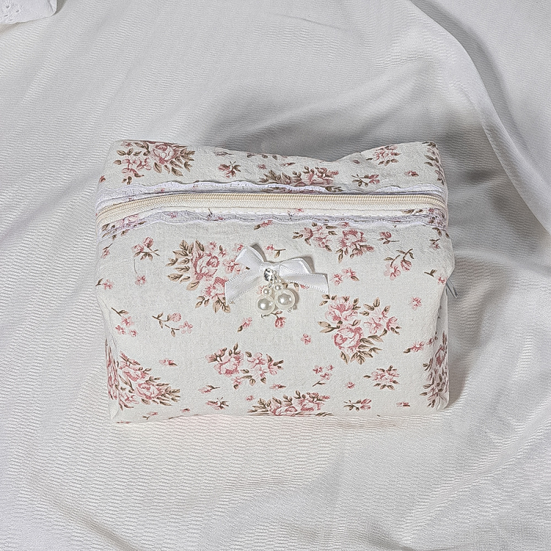 Prešivana kozmetička torbica s čipkom i mašnicom – cvjetni uzorak, pamuk i lan, poliester podstava, prenosni organizator za ruž za usne i kozmetiku, LUOPAI