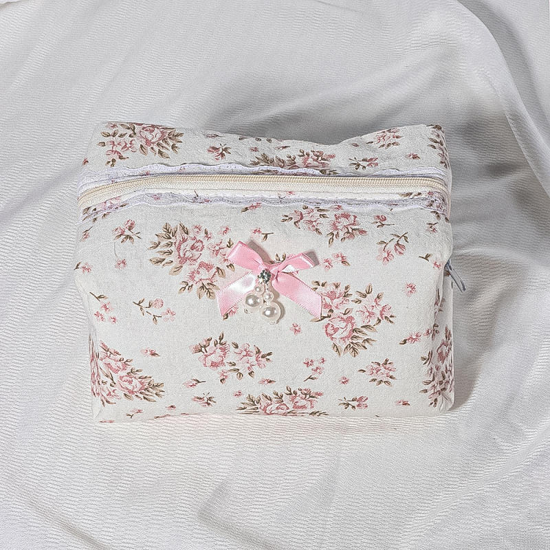 Prešivana kozmetička torbica s čipkom i mašnicom – cvjetni uzorak, pamuk i lan, poliester podstava, prenosni organizator za ruž za usne i kozmetiku, LUOPAI