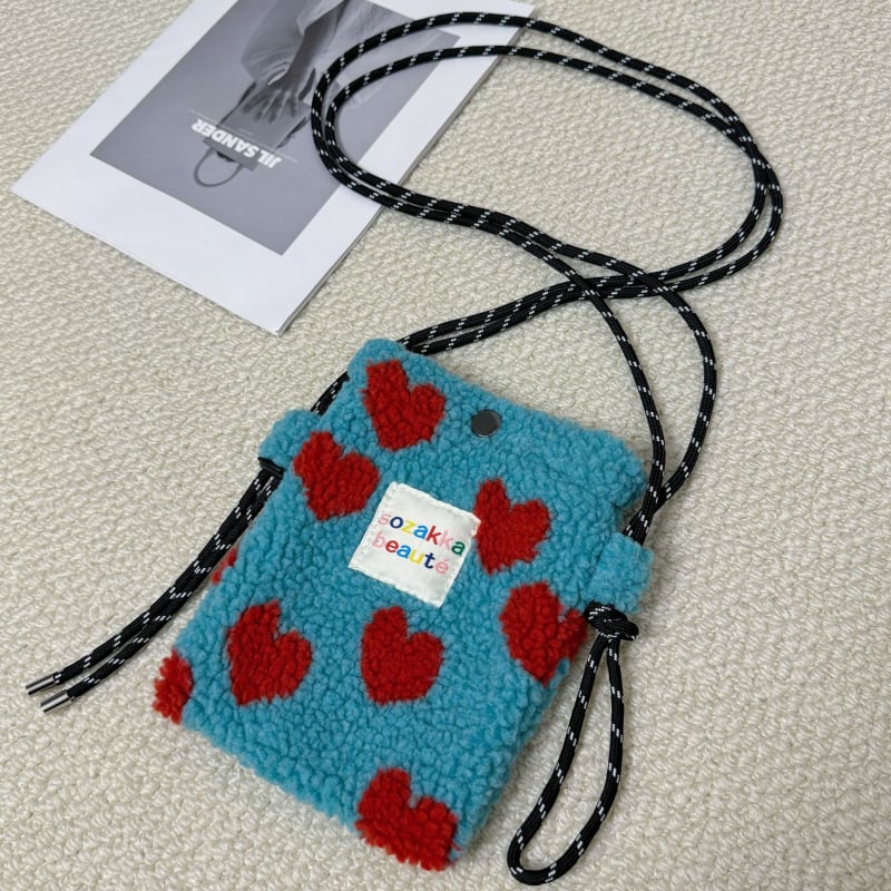 MZTKIN Geantă crossbody mini din lână de miel — formă pătrată verticală, închidere cu bandă, buzunar pentru telefon