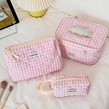 Ženska putna kozmetička torbica – velika kapaciteta, karirani poliester vanjska tkanina, poliester podstava, zatvarač na zip