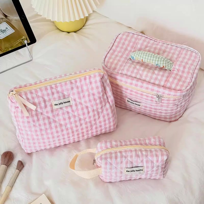 Ženska putna kozmetička torbica – velika kapaciteta, karirani poliester vanjska tkanina, poliester podstava, zatvarač na zip