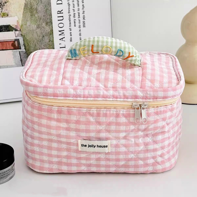 Ženska putna kozmetička torbica – velika kapaciteta, karirani poliester vanjska tkanina, poliester podstava, zatvarač na zip