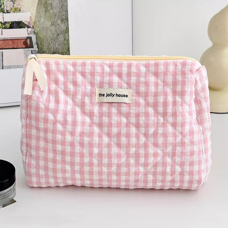 Ženska putna kozmetička torbica – velika kapaciteta, karirani poliester vanjska tkanina, poliester podstava, zatvarač na zip