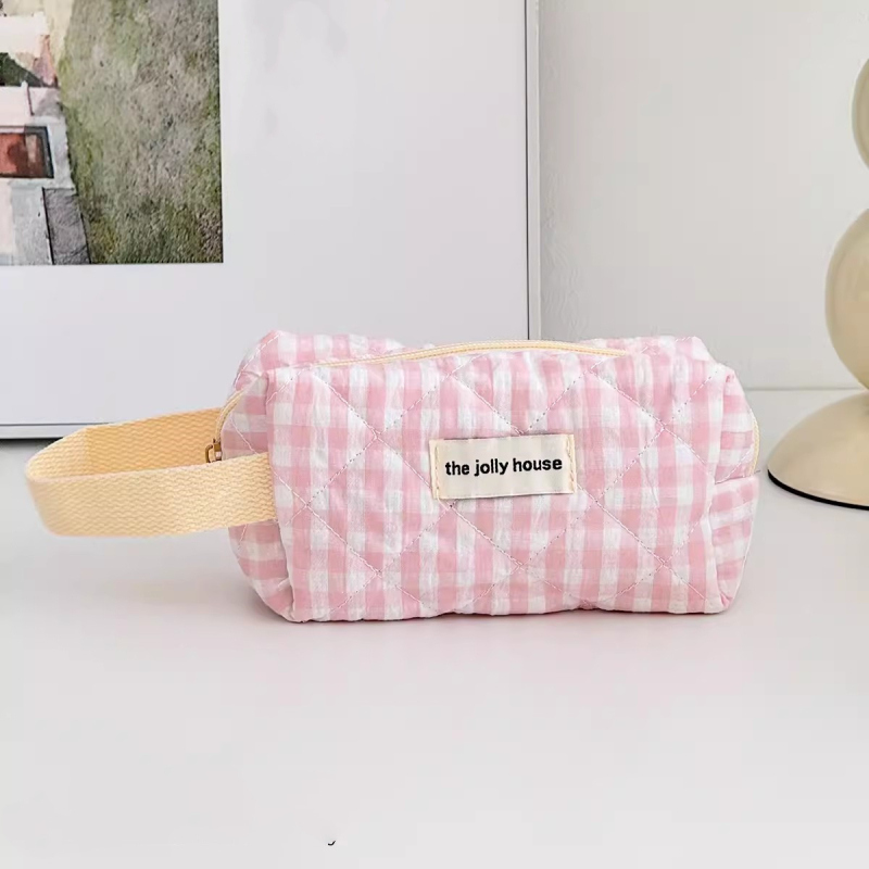 Ženska putna kozmetička torbica – velika kapaciteta, karirani poliester vanjska tkanina, poliester podstava, zatvarač na zip