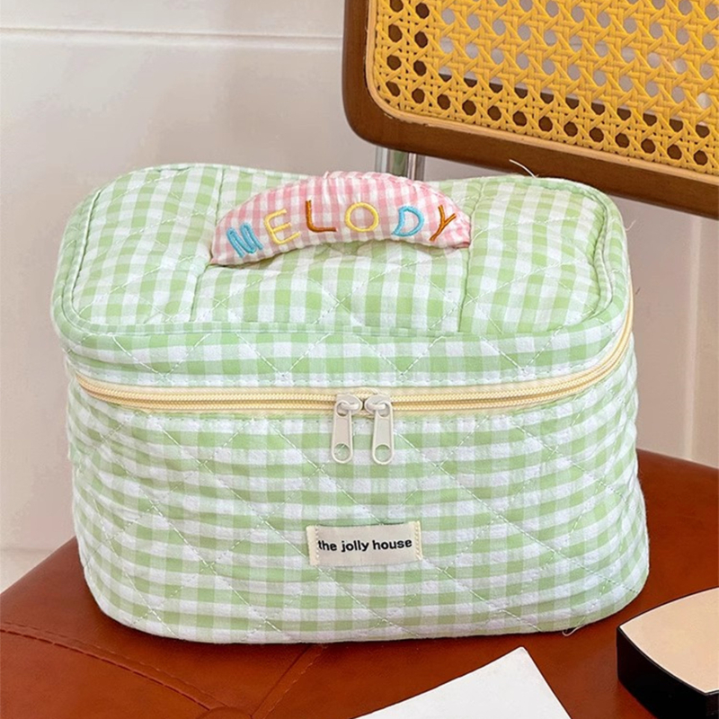 Ženska putna kozmetička torbica – velika kapaciteta, karirani poliester vanjska tkanina, poliester podstava, zatvarač na zip