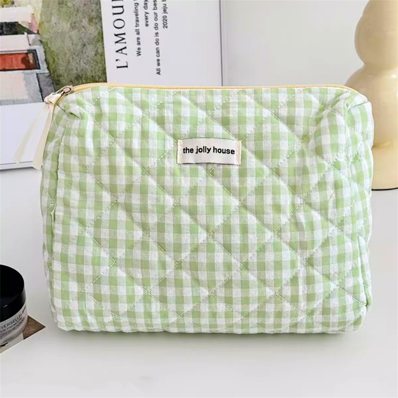 Ženska putna kozmetička torbica – velika kapaciteta, karirani poliester vanjska tkanina, poliester podstava, zatvarač na zip