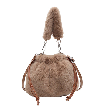 Geantă bucket din plush pentru femei, închidere cu șnur, căptușală din poliester, buzunar interior cu fermoar