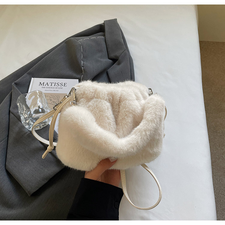 Geantă bucket din plush pentru femei, închidere cu șnur, căptușală din poliester, buzunar interior cu fermoar