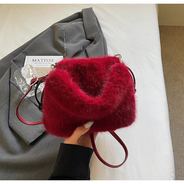 Geantă bucket din plush pentru femei, închidere cu șnur, căptușală din poliester, buzunar interior cu fermoar