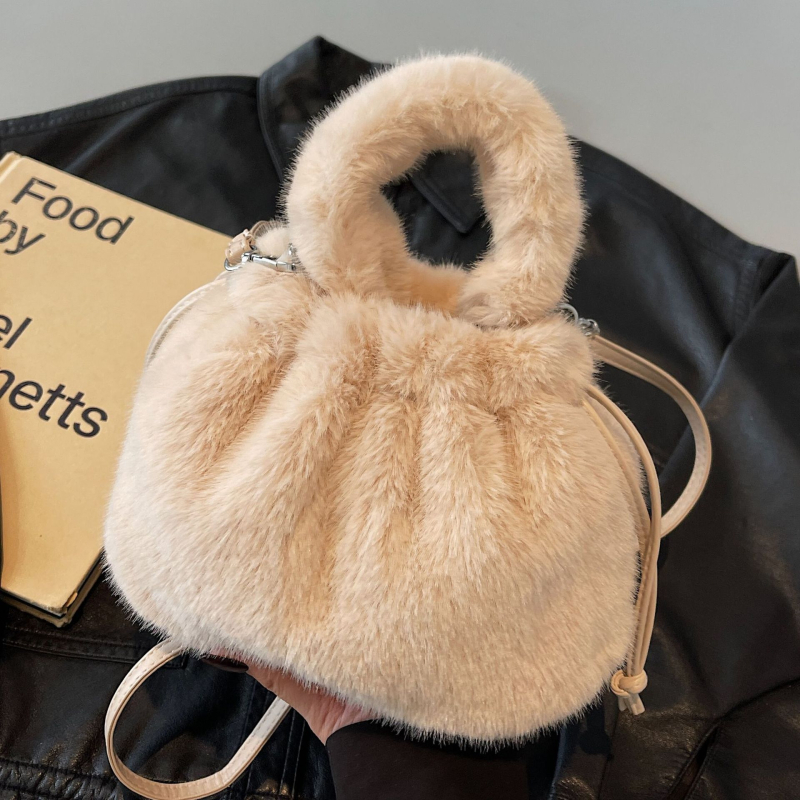 Geantă bucket din plush pentru femei, închidere cu șnur, căptușală din poliester, buzunar interior cu fermoar