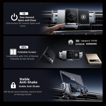 Összecsukható kijelzős autós telefon-tartó töltés vezeték nélküli, mágneses és forgatható, univerzális, rögzítés snap-on, 15W