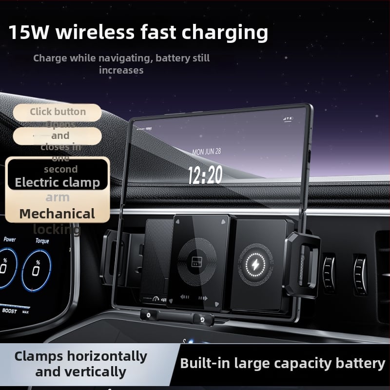 Összecsukható kijelzős autós telefon-tartó töltés vezeték nélküli, mágneses és forgatható, univerzális, rögzítés snap-on, 15W