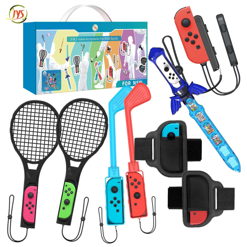 Set 9 în 1 accesorii sport somatosenzoriale pentru Switch – interfață USB, construcție ABS, include crose de golf x2, mânere mici x2, curea pentru picior x2, rachete de tenis x2, sabie