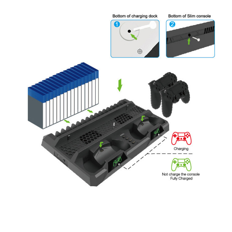 DOBE PS4 Višenamjenska baza za hlađenje s ventilatorom, dvostruko punjenje i LED, USB napajanje, kompatibilno s PS4/Slim/Pro