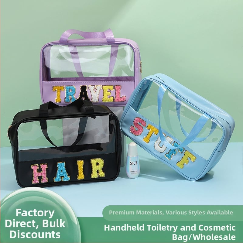 Kozmetička torbica velike kapacitete s natpisom slovima (PU+PVC; podstava PU; vodootporna; odjeljak mokro-sucho)