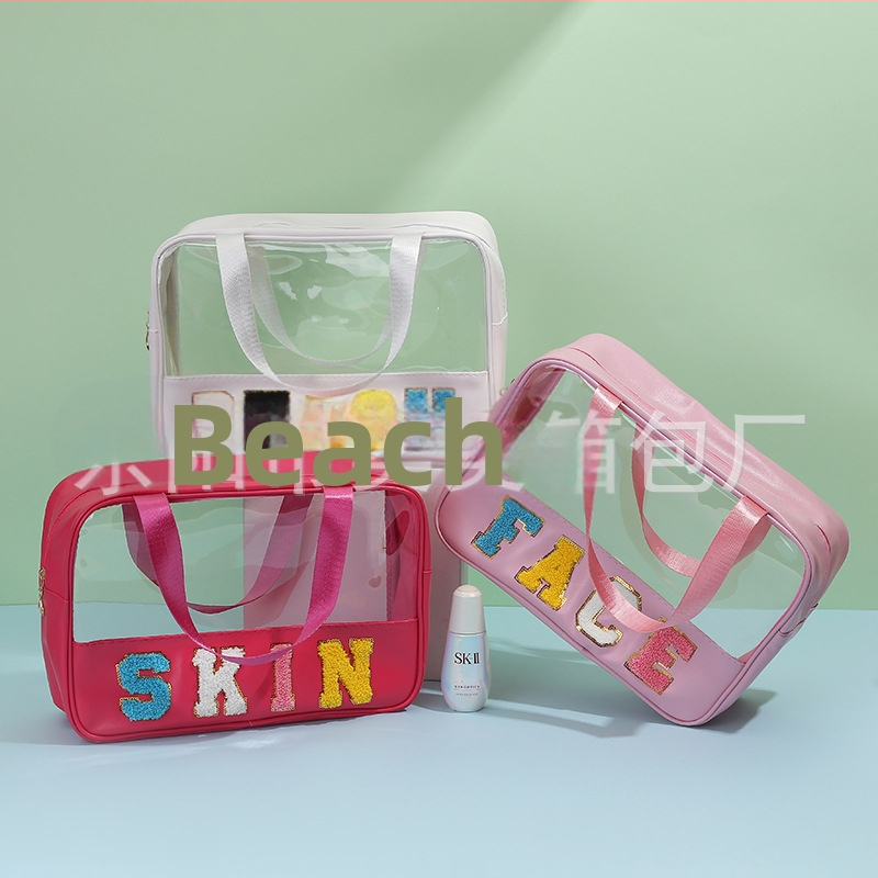 Kozmetička torbica velike kapacitete s natpisom slovima (PU+PVC; podstava PU; vodootporna; odjeljak mokro-sucho)