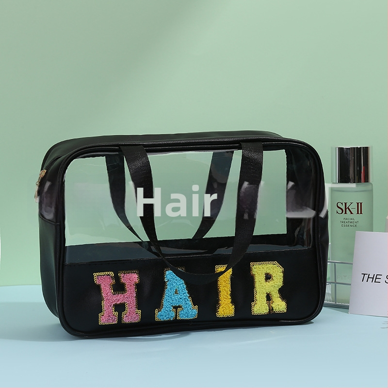 Kozmetička torbica velike kapacitete s natpisom slovima (PU+PVC; podstava PU; vodootporna; odjeljak mokro-sucho)