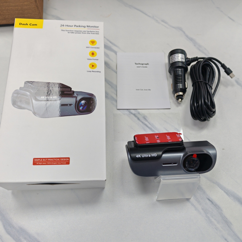 4K регистратор за автомобил без екран, едноканален запис, 5G/Wi‑Fi свързан, 140° обектив, видеозапис 3840×2160, TF карта до 256 ГБ