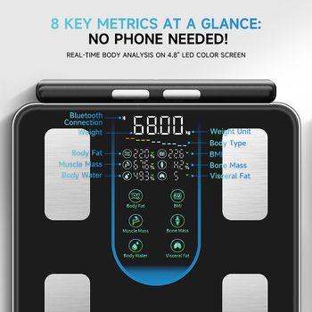 Ζυγαριά σώματος με οκτώ ηλεκτρόδια, Bluetooth και εφαρμογή μέτρησης λίπους και ύδατος, με γυάλινη επιφάνεια