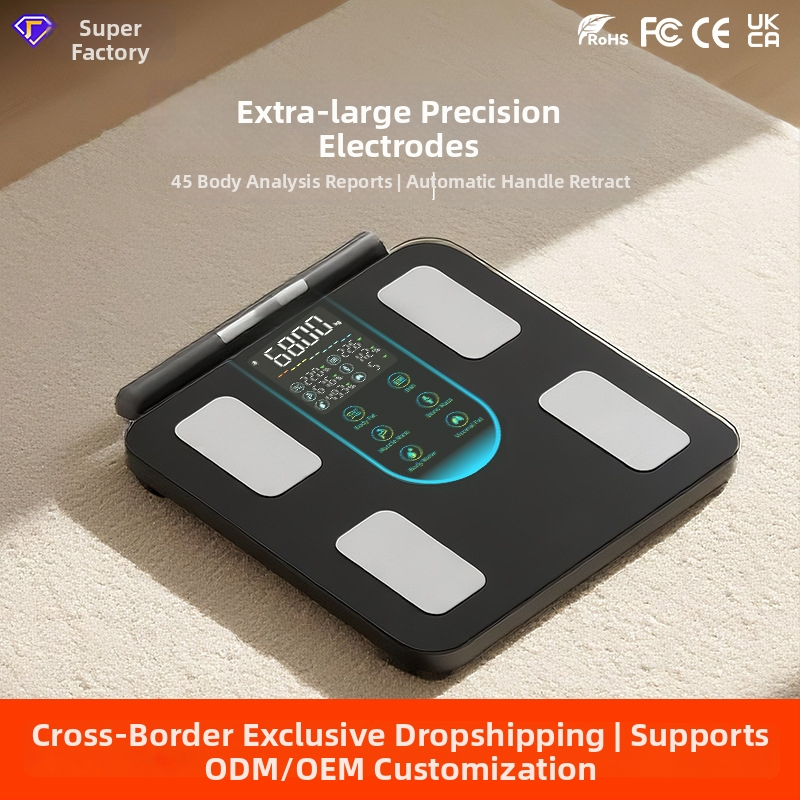 Aštuonių elektrodo kūno riebalų matavimo svarstyklės su Bluetooth, programėle riebalams ir vandeniui matuoti, iš grūdinto stiklo