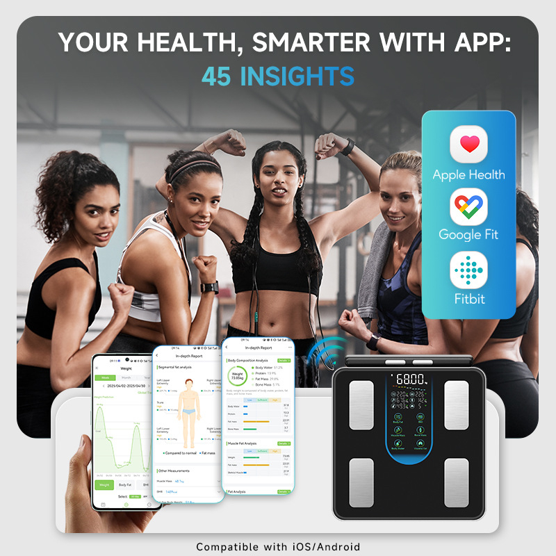 Ζυγαριά σώματος με οκτώ ηλεκτρόδια, Bluetooth και εφαρμογή μέτρησης λίπους και ύδατος, με γυάλινη επιφάνεια