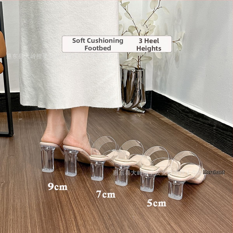 Прозрачни кристални сандали на висок ток, TPU горна част, квадратен нос, клин ток 3–6 см, гумена подметка