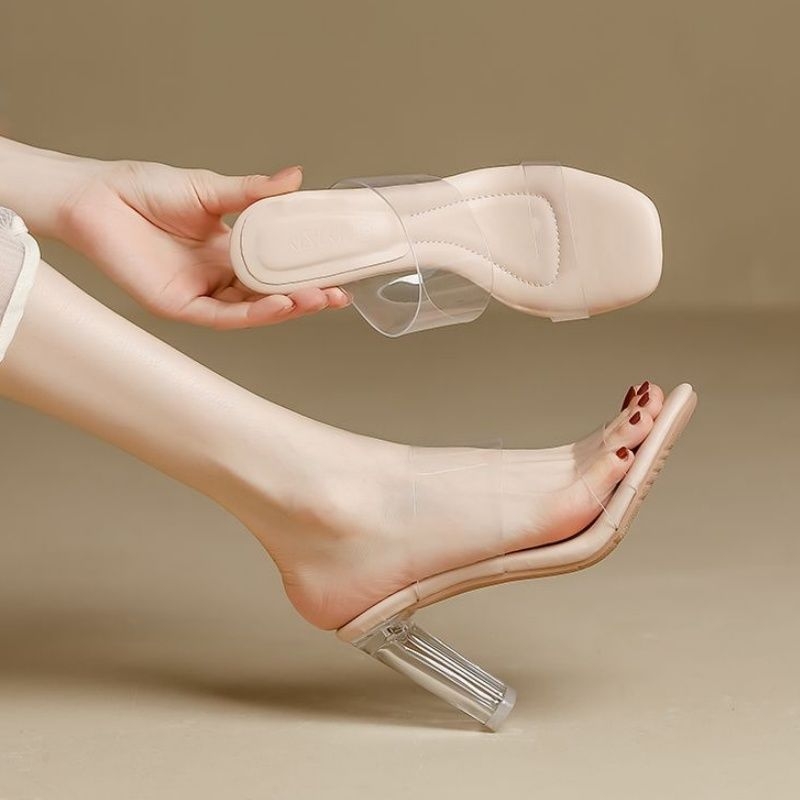 Прозрачни кристални сандали на висок ток, TPU горна част, квадратен нос, клин ток 3–6 см, гумена подметка